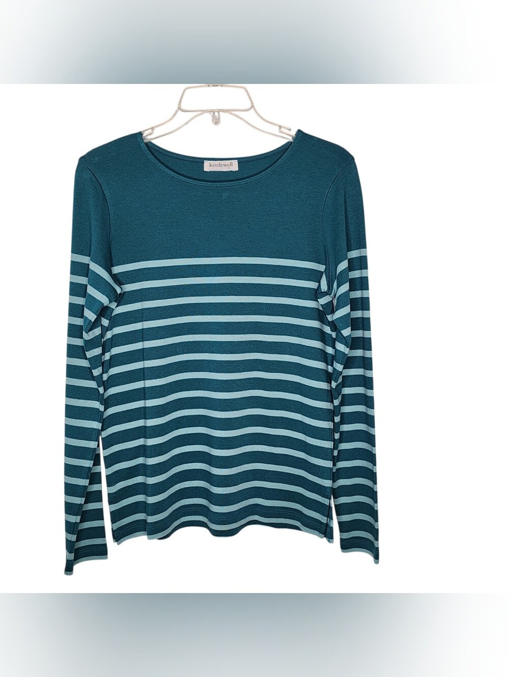 Kettlewell Teal Striped Cotton Knit Boat Neck Long Sleeve Top Small